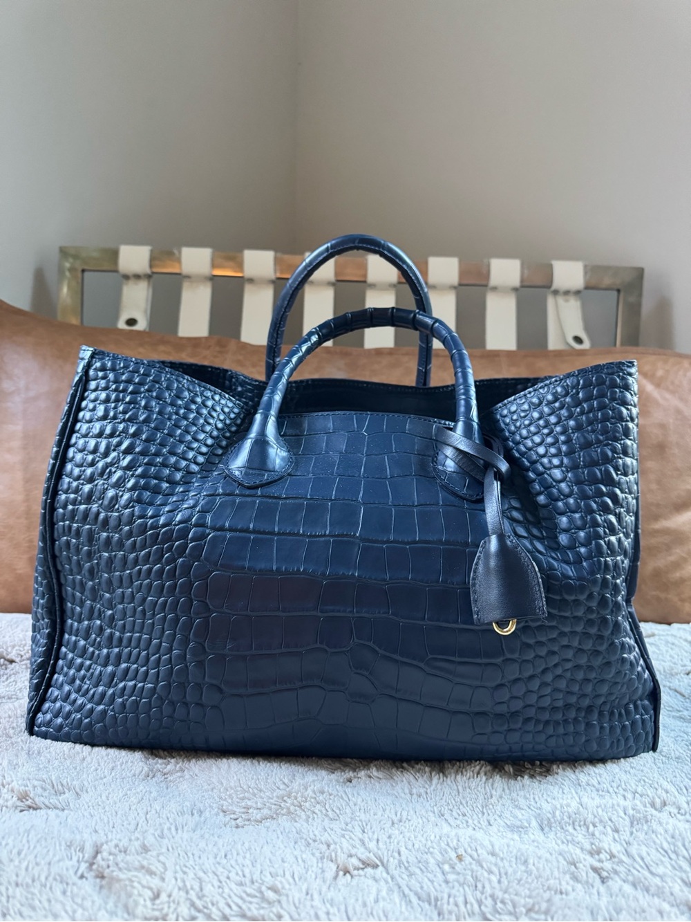 Mark and Graham ELISABETTA EMBOSSED CROC LEATHER HANDBAG in Navy